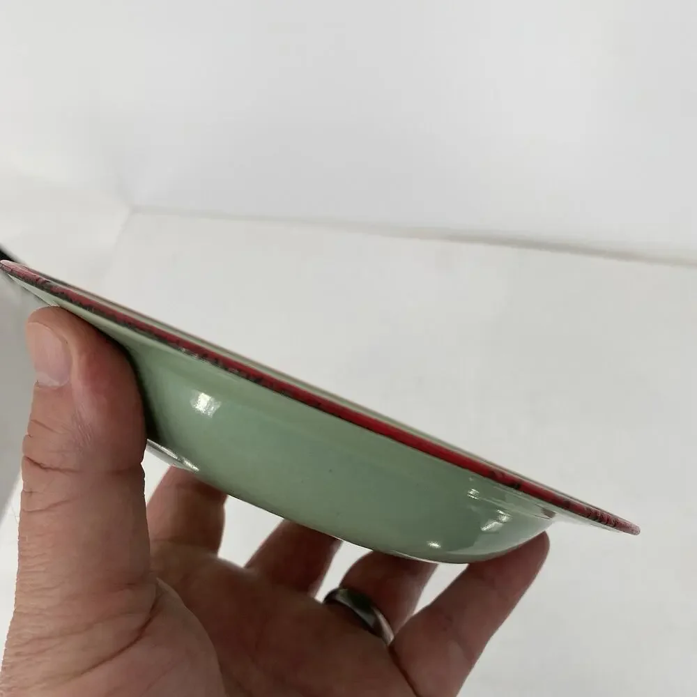 Antique Enamel Child’s Plate Germany Puppy Dog Feeding Bowl Green Red Rim
